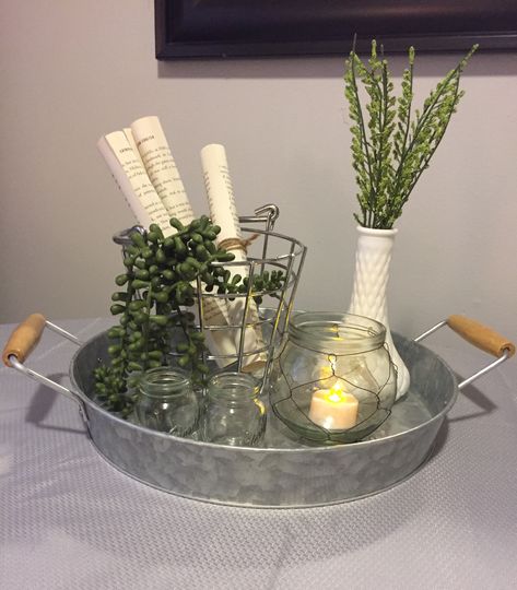 Galvanized Tray Decor, Metal Tray Decor Ideas, Galvanized Tray Centerpieces, Metal Tray Decor, Round Tray Decor, Galvanized Metal Decor, Tray Centerpiece, Galvanized Tray, Dining Room Table Centerpieces