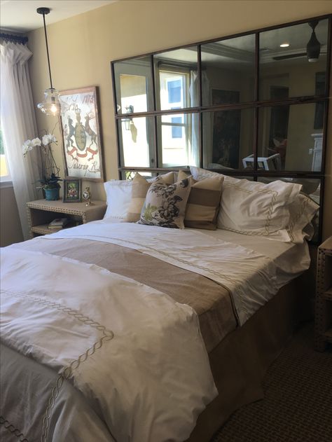 Mirror Headboard Bedroom, Mirror As A Headboard, Mirrors On Wall By Bed, Mirrors As Headboard Ideas, Mirror On Side Of Bed, Mirror Bed Headboard, Bed With Mirror Headboard, Mirror As Headboard, Mirror Wall Bedroom Behind Bed