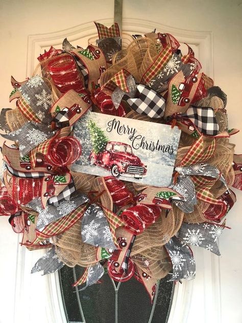 Rustic Christmas Wreaths, Plaid Christmas Decorations, Red Truck Decor, Valentine Decoration, Truck Wreath, Truck Decor, Rustic Christmas Wreath, Red Truck Christmas, Plaid Christmas Decor