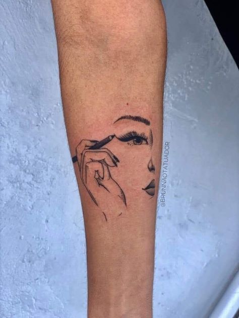 Eyelash Tattoo Arm, Lashes Tattoo Ideas, Makeup Inspired Tattoos, Makeup Tattoo Ideas Sleeve, Lash Artist Tattoo, Lash Tattoo Ideas, Eyelash Tattoos, Make Up Artist Tattoos Ideas, Makeup Artist Tattoo Ideas