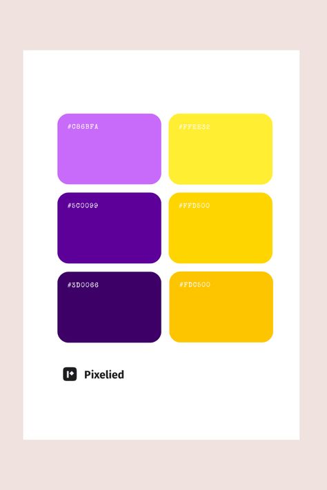 This vibrant dual-tone color palette features a striking combination of deep purples and bright yellows, creating a bold and energetic look. It is ideal for mobile and web UI, branding, typography, and illustrations that seek to stand out and grab attention with a dynamic and lively feel. Dual Color Combinations, Purple Yellow Illustration, Vibrant Purple Color Palette, Yellow Pastel Color Palette, Yellow And Purple Color Palette, Yellow Pastel Color, Color Scheme Generator, Yellow Illustration, Pastel Color Palette