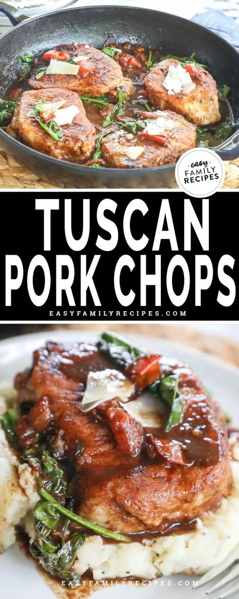 One Pan Tuscan Pork Chops · Easy Family Recipes Tuscan Pork Chops, Pork Chops Easy, Easy One Pan Dinner, Italian Pork Chops, Healthy Pork Chop Recipes, Balsamic Pork Chops, Braised Pork Chops, Boneless Pork Chop Recipes, Balsamic Sauce