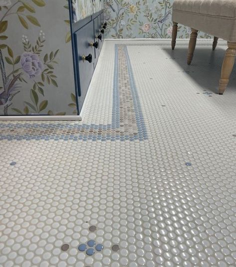 Mosaic penny round floor featuring blue, taupe and white tiles. Penny Tile Floors, Beautiful Tile Floor, White Mosaic Tiles, Bathroom Floors, Penny Tile, Penny Round, Blue Tile, Porcelain Mosaic Tile, Feature Tiles