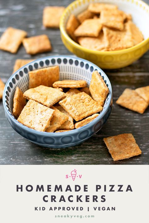 Deliciously crunchy pizza crackers that are great for snacks, lunch boxes and birthday parties. Gobbled up by kids and adults alike and suitable for vegans. #pizzacrackers #snacks #healthysnacks #lunchbox #vegan #vegetarian #healthykidsfood Pizza Crackers, Vegetarian Kids, Vegan Lunch Box, Healthy Party Food, Homemade Crackers, Making Homemade Pizza, Vegan Kids, Lunch Box Snacks, Healthy Vegan Snacks