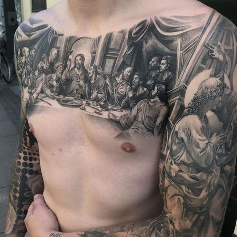 The Last Supper Tattoo, Religous Tattoo, Chest Tattoos For Men, Chest Tattoo Stencils, Chest Tattoo Drawings, Full Chest Tattoos, Biblical Tattoos, Backpiece Tattoo, Unique Tattoos For Men