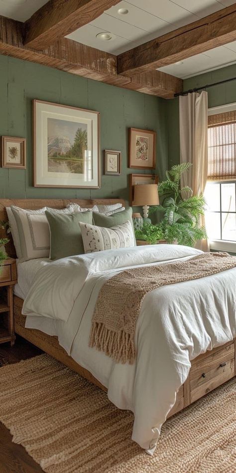 Rustic Apartment Bedroom Ideas, Country Farm Bedroom Ideas, Green Hygge Bedroom, Farmhouse Style Master Bed, Green Rustic Bedroom Ideas, Cabin Christmas Bedroom, Farmhouse Bedroom Green Walls, Cozy Peaceful Bedroom, Cottage Farmhouse Bedroom Ideas