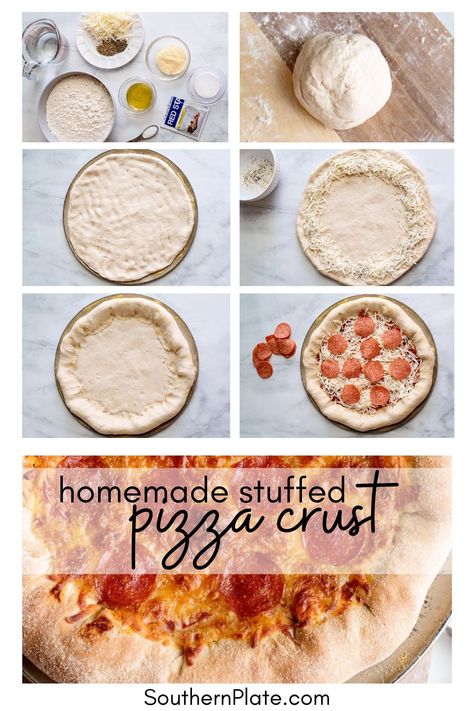 On the off chance you ever want to make a homemade crust, I thought I'd show you how truly simple a delicious crust can be, and even toss in a stuffed crust option if you like! Stuffed Crust Pizza Dough Recipe, Cheese Stuffed Pizza Crust, Stuffed Crust Pizza Recipes, Stuffed Pizza Crust, Homemade Stuffed Crust Pizza, Sourdough Design, Stuffed Crust Pizza, Homemade Pizza Dough Easy, Thick Crust Pizza