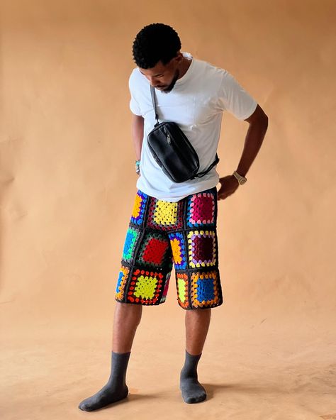 Granny square shorts in different lengths… Shop one or all 😉 . Comment your favorite, slide 1, 2 or 3 . Gentleman @calme_jhay Crochet Shorts, Mens Shorts, Crochet Clothes, Granny Square, Gentleman, Crochet Projects, Crochet, Clothes