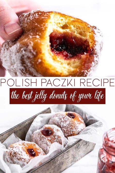 Deep-fried with a crisp exterior and fluffy, chewy interior, Pączki are mind-blowingly delicious yeasted Polish donuts with a fruit or custard filling. Polish Baked Goods, Paczki Recipe, Custard Donuts, Poland Recipes, Donut Delight, Polish Donut, Polish Foods, Donuts Recipes, Poland Food