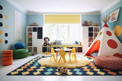 Blue Green Playroom, Playroom Paint Ideas Color Inspiration, Playroom Wall Color Ideas, Playroom Wall Colors, Kids Corner Ideas, Playroom Themes, Small Kids Playroom Ideas, Playroom Color Scheme, Playroom Setup