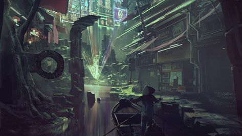 Cyberpunk Market Set In Ancient Ruins Cyberpunk Market, Ruined City, Sci Fi City, Sci Fi Environment, Underground Cities, Cyberpunk City, Fantasy City, Futuristic City, Future City