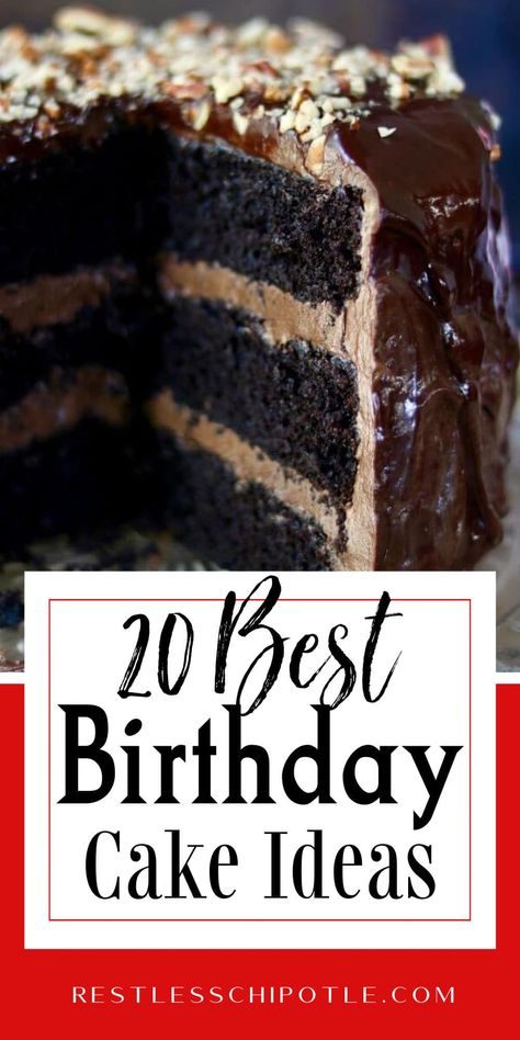 Homemade birthday cakes from scratch are easy to make with these great tips and ideas! Choose from 20 different cakes; chocolate, lemon, yellow, and even spice cake! Layers and sheet cakes included. You'll find something for everyone from your teen to your best friend! Chocolate Cake Combination Ideas, Best Homemade Birthday Cake Recipes, Easy Layered Birthday Cake, Best Tasting Birthday Cakes, Most Popular Cake Recipes, Birthday Cakes For Men Easy, Celebration Cakes Birthday Men, Impressive Birthday Cakes, Easy Fancy Birthday Cakes