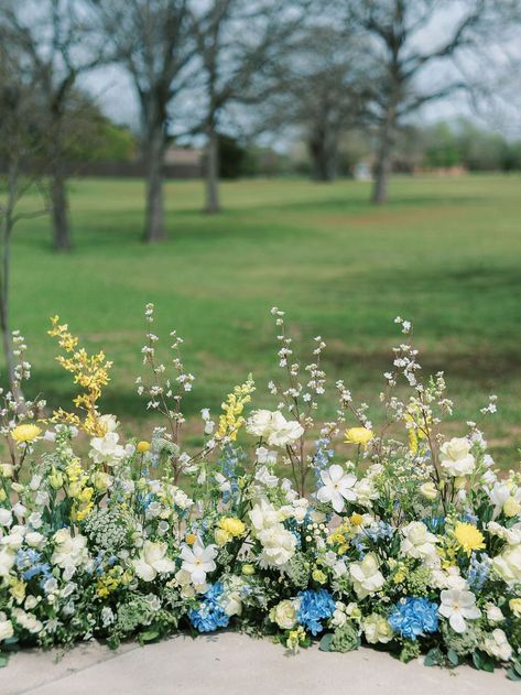 Blue and yellow wedding inspiration with spring flowers Blue And Yellow Country Wedding, Wedding Ideas Yellow And Blue, Pale Yellow And Navy Wedding, White Yellow Blue Wedding, White Yellow Blue Bouquet, Blue Yellow And Orange Wedding, Tuscan Spring Wedding, Wedding Flowers Blue And Yellow, Yellow And Blue Boutonniere