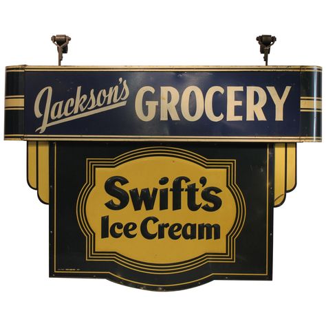 1930s Double Sided Swift's Ice Cream Sign For Sale at 1stdibs Vintage Grocery, Ice Cream Sign, Art Deco Sign, Vintage Advertising Signs, Entrance Sign, Porcelain Signs, Vintage Cafe, Beer Brands, Beer Signs