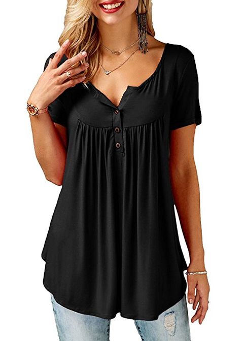 Sarin Mathews Womens Shirts Casual Tee Shirts V Neck Short Sleeve Botton up Tunic Tops Blouses Black S Plus Size Tshirt Dress, Plus Size Tshirt, Tops For Women Casual, Summer Fashion Dresses, Tank Top Dress, Casual Summer Shirts, Casual Tank Tops, Casual Summer Dresses, Dress Plus Size