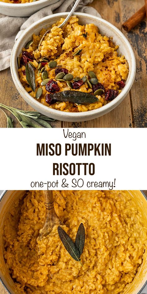 Vegan Miso Pumpkin Risotto Pumpkin Risotto Recipes, Vegan Risotto, Autumn Recipes Vegetarian, Pumpkin Risotto, Vegan Pumpkin Recipes, Fall Vegan Recipes, Being Vegan, Fall Comfort Food, Autumn Recipes