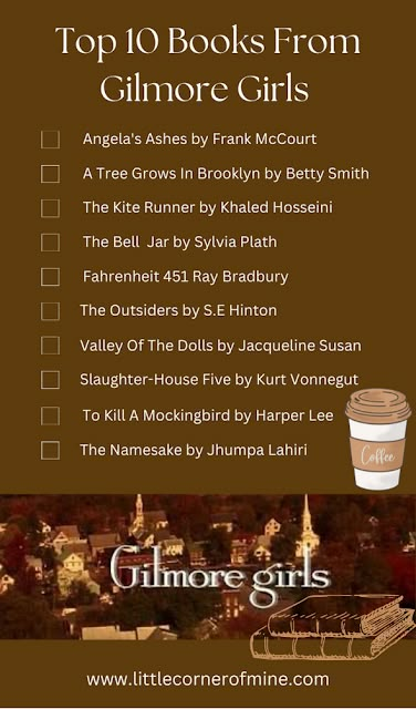 Little Corner Of Mine: Top 10 Books From Gilmore Girls (Book List) Gilmore Girls Books Reading Lists, Gilmore Girls Reading List, Rory Book List, Gilmore Girls Book List, Gilmore Books, Gilmore Girls Books, Rory Gilmore Books, Bookish Content, Gilmore Aesthetic