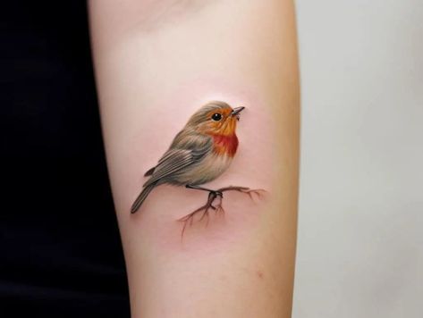 Red Bird Tattoos For Women, Bird Couple Tattoo, Robin Tattoo Color, Small Robin Tattoo, Robin Floral Tattoo, Red Robin Bird Tattoo, Robin Tattoos, Red Bird With Flowers Tattoo, Robin Tattoo