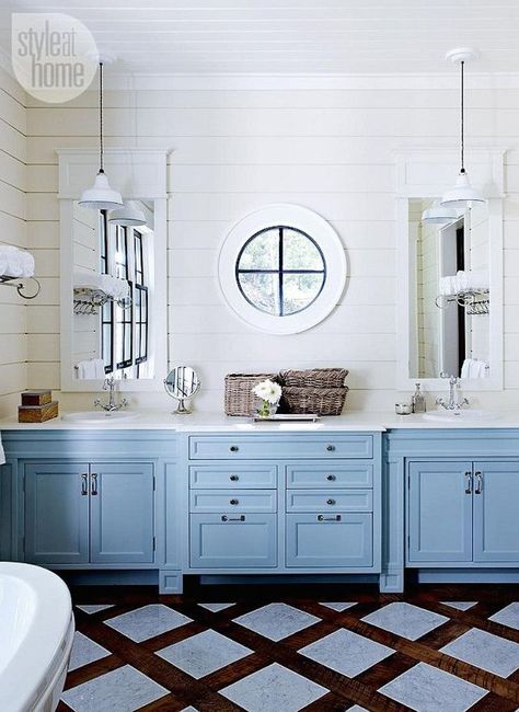 Round window inspiration - bathroom shiplap and round window Nautical Bathroom Design Ideas, Cabinet Feet, Bath Cabinet, Round Window, Cottage Bathroom, Nautical Bathrooms, Coastal Bathrooms, Coastal Living Rooms, Blue Cabinets