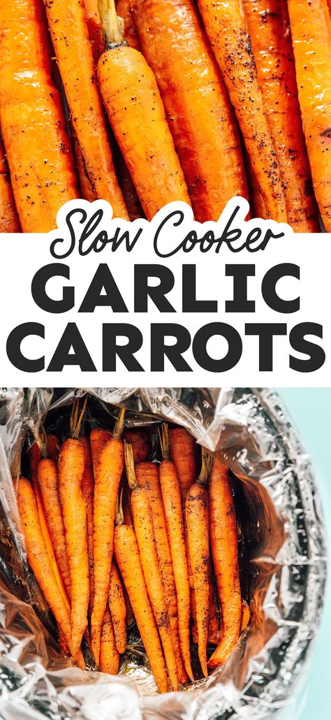 With just five ingredients and two simple steps, this Slow Cooker Carrots recipe is a seriously easy side dish recipe for tonight (plus they're infused with garlic and balsamic...helllooo flavor-town). #vegetarian #vegan #glutenfree #slowcooker #easyrecipe #healthyrecipe #sidedish Slow Cooker Carrots, Crockpot Carrots, Carrots Slow Cooker, Crock Pot Vegetables, Crockpot Side Dishes, Carrots Side Dish, Vegetarian Thanksgiving Recipes, Vegan Appetizer, Healthy Budget