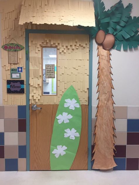 To match our "Around the World" theme, my classroom door was inspired by tiki-huts, surf shops, and the beach! The overhead structure was made from cardboard and covered with strips of manila paper! Summer Decorations Classroom, Beach Door, Beach Theme Classroom Ideas, Beach Decorations For Classroom, Hawaiian Classroom Decorations, Beach Classroom Decorations, Beach School Theme, Island Classroom Theme, Themed Classroom