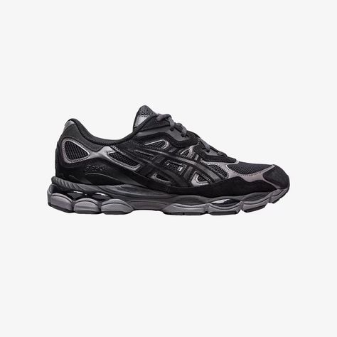 ASICS GEL-NYC 'Black & Graphite Grey' Black Asics Shoes, Dark Shoes, Asics Black, Asics Shoes Black, Asics Aesthetic, Classic Black Asics Sneakers, Sporty Black Asics Running Shoes, Black Asics Lace-up Running Shoes, Black Asics