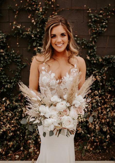 Boho Wedding Bouquet Real Flowers, White Florals With Pampas, Pampas Grass Bouquet Floral Arrangements, White Bridal Bouquet With Pampas, White Pampas Grass Bouquet, Pampas Grass With Eucalyptus, Bride Bouquet With Pampas, White Wedding Flowers With Pampas, Pampas Grass And Rose Bouquet