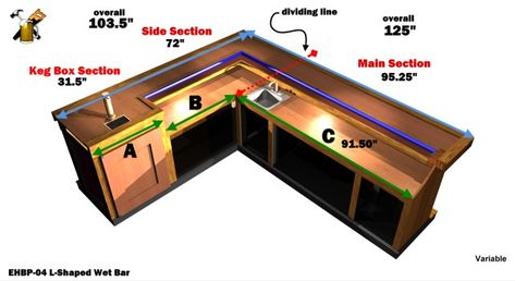 l-shaped wet bar plan details - EHBP-04 Wet Bar Diy, Bar Building Plans, Pallet Bar Plans, Diy Basement Bar, Rustic Basement Bar, Building A Home Bar, Home Bar Plans, Basement Bar Plans, L Shaped Bar