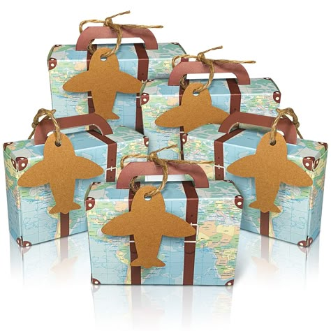 PRICES MAY VARY. ✈️ PACKAGE INCLUDED - 50pcs world map mini suitcase boxes, 50pcs airplane shape kraft tags and 50pcs jute twine, easy to assemble and very practical to fill. ✈️ EYE-CATCHING STYLE - Travel suitcase design can make your party or wedding more unique and beautiful. A world map was printed on the surface of the favor boxes, give an extra charm to your favors. ✈️ PREMIUM QUALITY - Small cardboard boxes are made of high quality kraft card paper, vintage paper, beautiful, thick, practi Suitcase Design, Kraft Tags, Mini Suitcase, Travel Party Theme, Fest Temaer, Rainbow Toy, Wedding Candy Boxes, Candy Party Favors, Travel Theme Wedding