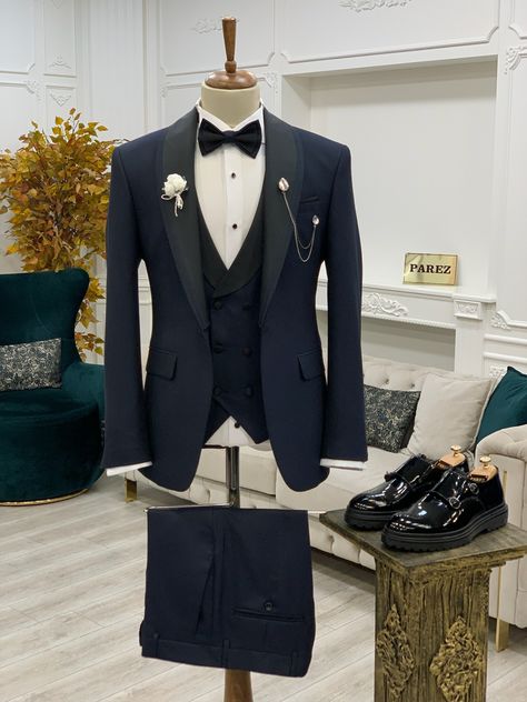 Jacket + Pants + Vest + bow tie ( 3 pieces ) 🎁Gift : Flower +Chain 3 Piece Suit With Bow Tie, Wedding Man Suit, Suit With Bow Tie, Navy Blue Tuxedo, Jesus Smiling, Groom Bow Tie, Bow Tie Suit, Suits Groom, Grooms Suit