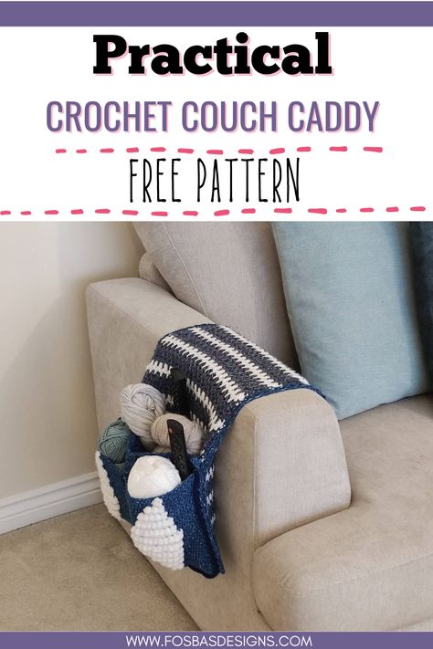 Crochet Arm Chair Caddy Pattern to keep remote, yarn, and more! Crochet Arm Chair Caddy Free Pattern, Crochet Couch Caddy, Couch Caddy Crochet Pattern, Crochet Practical, Armchair Caddy Pattern Free, Armchair Sewing Caddy Pattern Free, Crochet Thanksgiving, Practical Crochet, Patterned Armchair