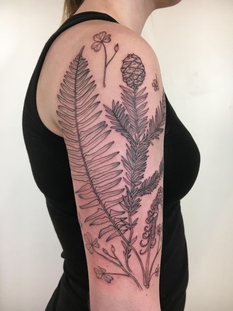 Redwood Leaf Tattoo, Redwood Forest Tattoo, Forest Floor Tattoo, Goblin Tattoo, Foliage Tattoo, Russian Doll Tattoo, Redwood Tattoo, Forest Foliage, Pretty Body