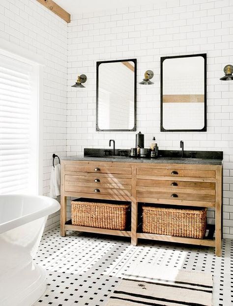 Vintage Carrera marble basketweave floor tiles in a cottage bathroom bring a fresh and fun appeal. Rustic Farmhouse Bathroom, Fresh Farmhouse, Bad Inspiration, Wood Vanity, Rustic Bathroom, Dream Bathroom, Cool Ideas, Remodel Bedroom, Bathroom Remodel Master