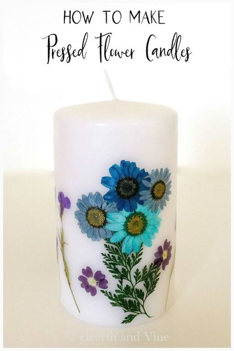 You only need a few materials to make these gorgeous pressed flower candles. A great family project, girls night out craft and a wonderful gift to any flower lover. Pressed Flowers On Candles, Pressed Flower Candles Diy, Diy Flower Candles, Pressed Flower Candles, Diy Candles With Flowers, Woodlands Wedding, Dried Flower Candles, Candle Painting, Dollar Store Candles