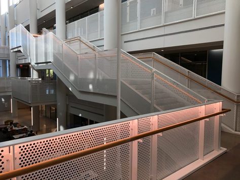 Perforated Railing, Carleton College, Perforated Metal Panel, Balcony Railings, Steel Balustrade, Handrail Design, Metal Stairs, Stairway Design, Steel Railing