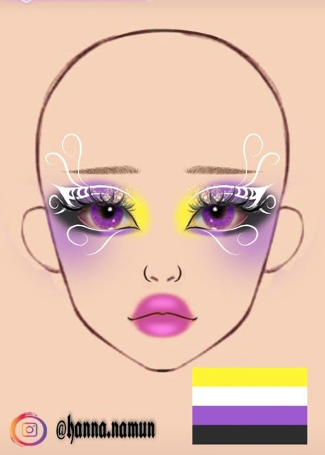 Nonbinary Pride Makeup, Leeeexz Makeup, Pride Makeup Ideas, Makeup Pride, Anime Eye Makeup, Face Charts, Makeup Drawing, Makeup Face Charts, Anime Makeup