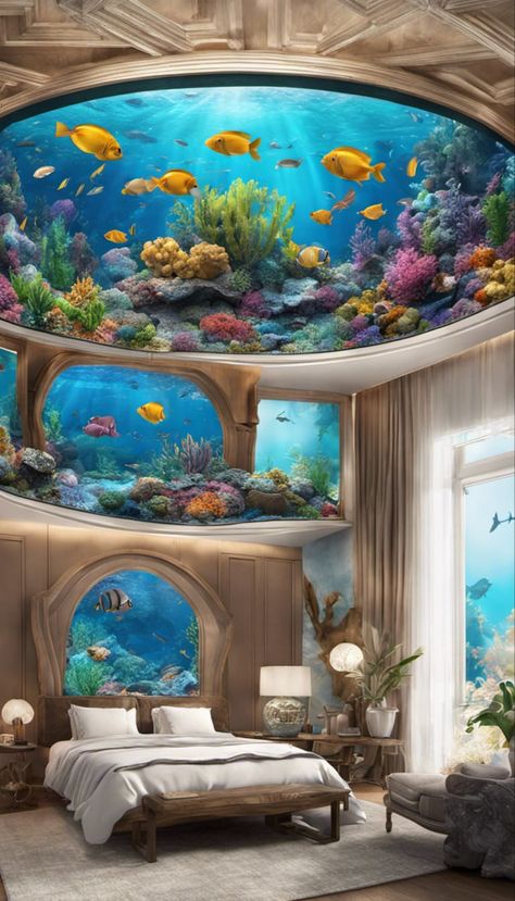 A fantastical bedroom with aquarium fish tanks in the walls and ceiling Bedroom With Aquarium, Aquarium Bedroom, Interior Room Design, Fantasy Interior, Underwater Bedroom, Underwater Room, Aquarium Architecture, Bedroom For Girls Kids, Ocean Themed Bedroom