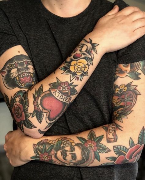 American traditional tattoos Traditional Tattoo Arm, Traditional Tattoo Man, Sleeve Tattoos For Men, Traditional Tattoo Inspiration, Traditional Tattoo Sleeve, Tattoos For Women Half Sleeve, Half Sleeve Tattoos For Guys, Old School Tattoo Designs, Traditional Ink