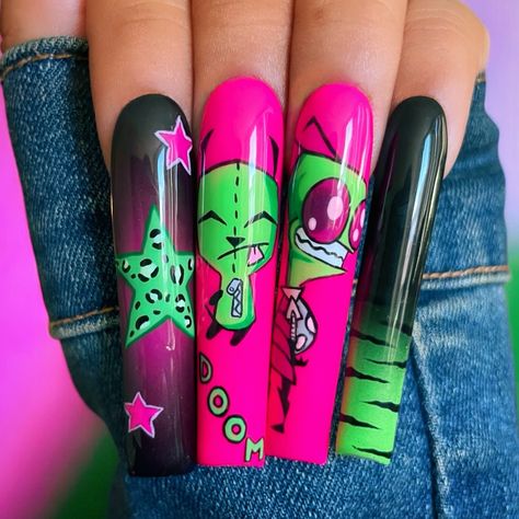 Y2K inspired Invader zim nails 🩷🦓💚 . . . . . . . . . . . xTagsx #y2k#y2kstyle#y2knails#y2kfashion#y2kaesthetic#fyp#trending#invaderzim#invaderzimnails#invaderzimgir#invaderzimzim#cartoonnails#nailsnailsnails#nails#acrylic#acrylicnails#pressons#pressonnails#nailart#sandiegonailtech#sdnails Invader Zim Nails, Scene Nails Emo, Scene Nails, Nails Emo, Y2k Nails, Invader Zim, Nails Acrylic, Nail Ideas, Acrylic Nails