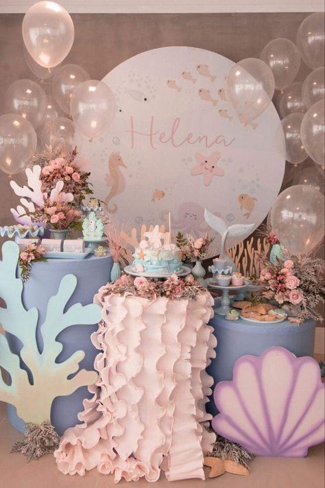 Mermaid Theme Table Decor, Classy Mermaid Party, Modern Mermaid Birthday Party, Mermaid Makeover Party, Shellebration Party, Mermaid Party Table Decor, Outdoor Tent Decorations, Oneder The Sea 1st Birthday Girl, Mermaid Tablescape