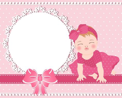 Children's greeting card with a cute baby girl and a lace template with a bow for text. Design for newborns. Illustration, vector. Welcome To Christian World Tarpaulin, Lace Template, Christmas Mini Shoot, Barbie Birthday Invitations, Welcome Baby Cards, Baby Art Projects, Welcome Card, Baby Frame