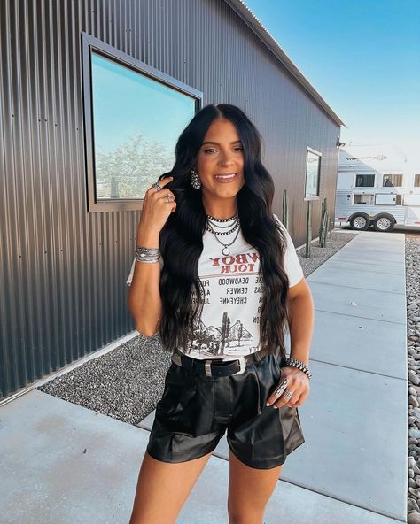 The cowboy tour tee + the leather shorts ✨🛒 The Cowboy, Leather Shorts, Basic Tops, Skirt Pants, Denim Pants, Short Sets, Best Sellers, Jumpsuit Dress, Dress Skirt