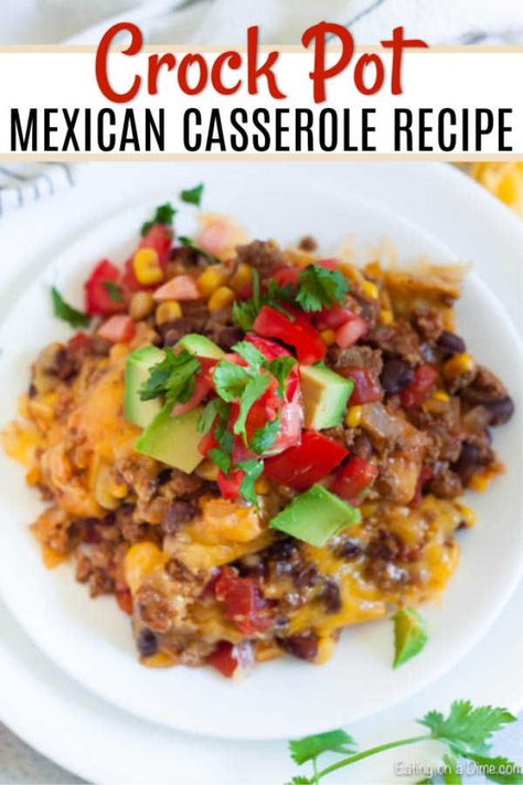 Crock Pot Mexican Casserole Recipe is the perfect meal to feed your family. Each bite is so cheesy and delicious and the entire meal is so easy to prepare. Mexican Hamburger, Casserole Hamburger, Slow Cooker Mexican Recipes, Crock Pot Mexican, Slow Cooker Mexican, Favorite Casserole Recipes, Hamburger Recipe, Hamburger Casseroles Recipes, Mexican Casserole Recipe