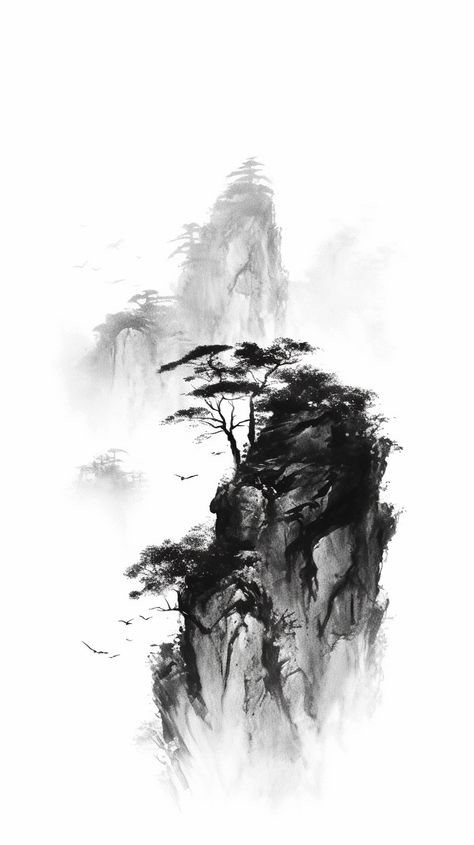 Chinese Mountain Tattoo, Sumi E Landscape, Chinese Ink Painting, Japanese Ink Painting, Digital Calligraphy, Chinese Landscape Painting, Chinese Art Painting, Scene Drawing, Getting A Tattoo