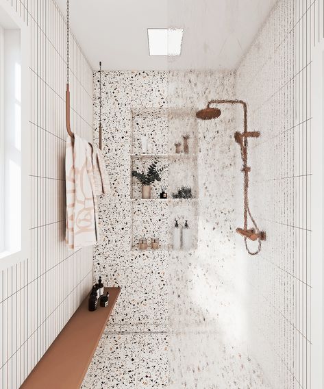 Terrazzo Tile Bathroom, Terrazzo Tiles Bathroom, Terrazzo Bathroom Design, Feature Wall Ideas, Unique Bench, Bathroom Layout Plans, Terrazzo Bathroom, Romantic Minimalist, Ikea Craft Room