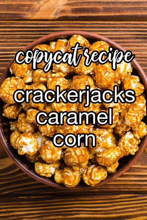 Copycat Cracker Jacks Caramel Popcorn - Frederick William Rueckheim and his brother Louis created the first Cracker Jack treat in 1896. Their original recipe was a mix of popped popcorn and roasted peanuts held together with molasses. | CDKitchen.com Cracker Jack Popcorn Recipe, Cheddar Popcorn Recipe, Carmel Popcorn Recipe, Flavored Popcorn Recipes, Popcorn Recipes Sweet, Caramel Popcorn Recipe, Popcorn Recipes Easy, Caramel Corn Recipes, Molasses Recipes