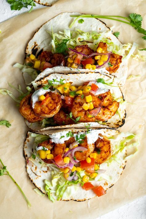 Air Fryer Shrimp Tacos, Blackened Shrimp Tacos, Oh Snap Macros, Tacos Homemade, Air Fryer Shrimp, Shrimp Taco Recipes, Salsa Ingredients, High Protein Meal Prep, Spicy Seasoning