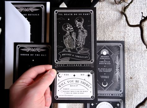 Gothic Wedding Theme, Unique Tarot Cards, Card For Wedding, Unique Wedding Stationery, Vow Book, Order Of The Day, Halloween Invitations, Personalized Invitations, Wedding Invitation Design