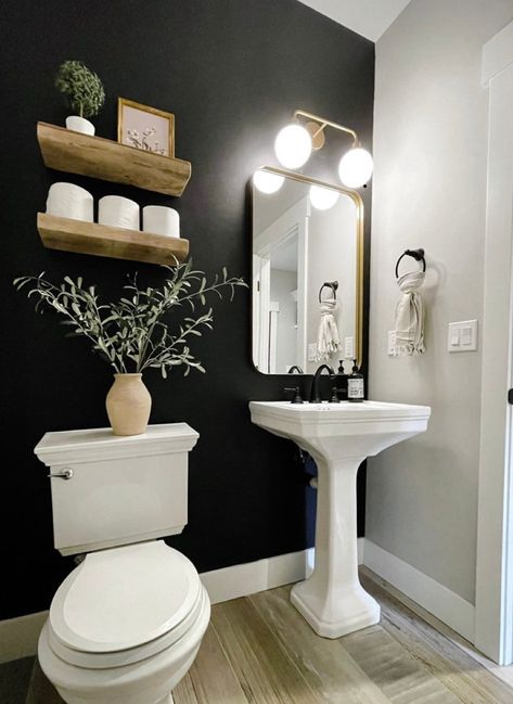 Black Wall Half Bath, Guest Bathroom Half Baths, Powder Room Ideas Toilet Beside Sink, Dark Moody Small Bathroom Ideas, Half Bath Upgrade, Modern Small Half Bathroom Ideas, Bathroom Color Schemes Black, Rental Half Bathroom Ideas, Grey Accent Wall Bathroom