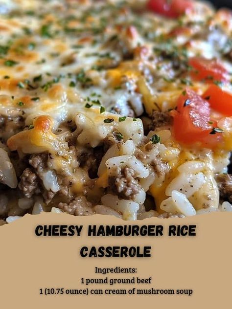 Crockpot Recipes And Tips � | Cheesy Hamburger Rice Casserole | Facebook Crockpot Rice Recipes, Hamburger Rice Casserole, Hamburger Rice, Pan Dishes, Can Diced Tomatoes, Hamburger Casserole, Ground Meat Recipes, Cream Of Mushroom Soup, Hamburger Meat Recipes